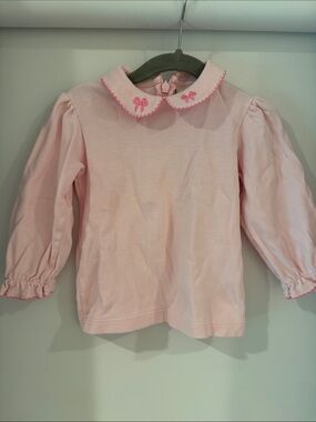 Girls' Light Pink Long-Sleeve Top with Embroidered Peter Pan Collar